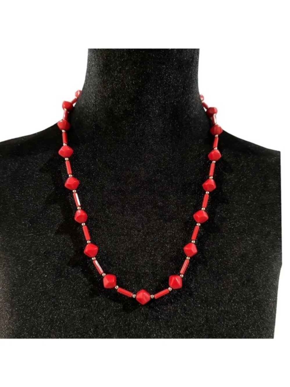 Vintage Beaded Necklace Red Silver Tone Spacers 24 Inch Length Women